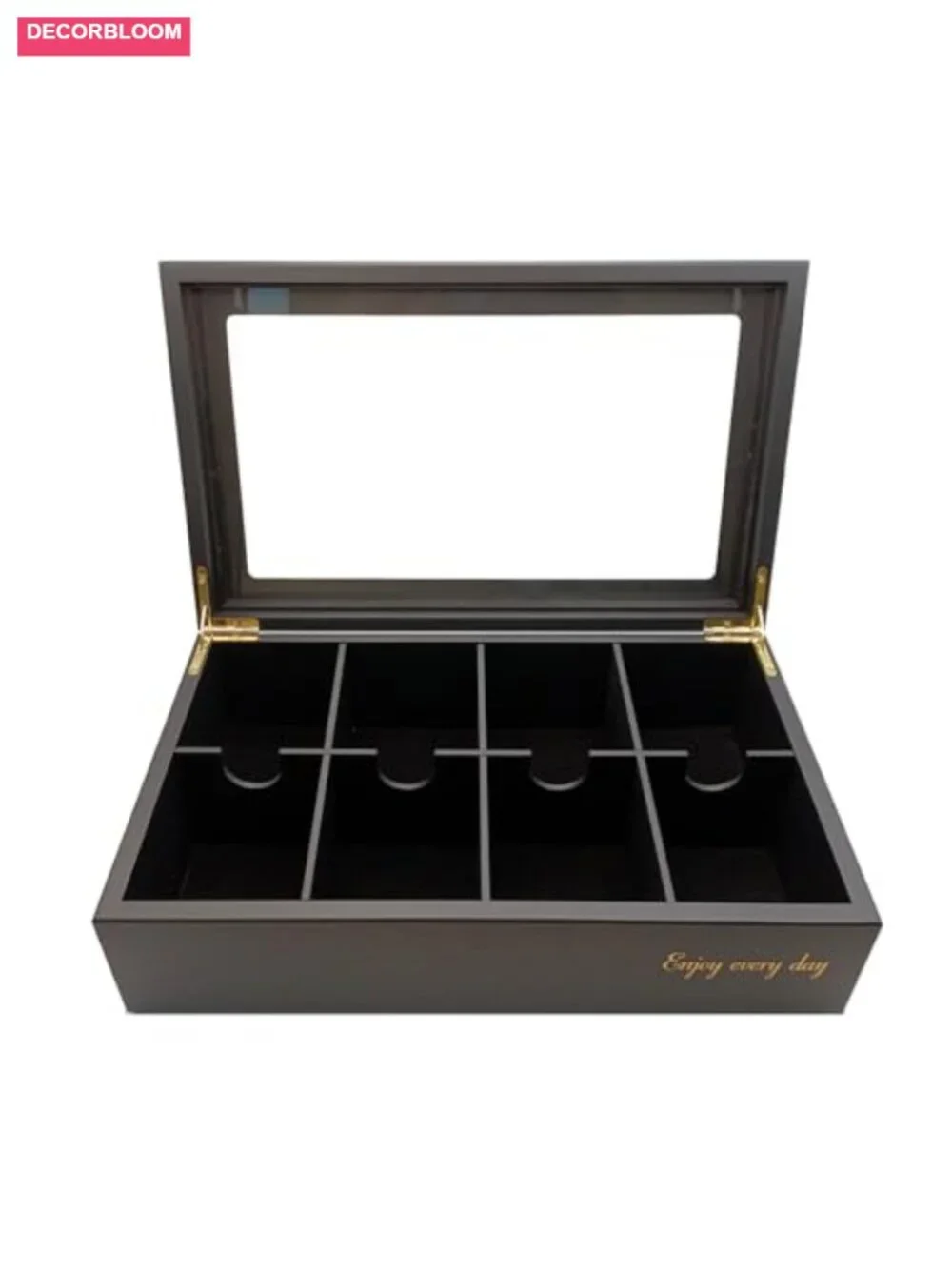 Wooden Tea Box with Glass Lid, 8-Compartment Storage for Tea Bags